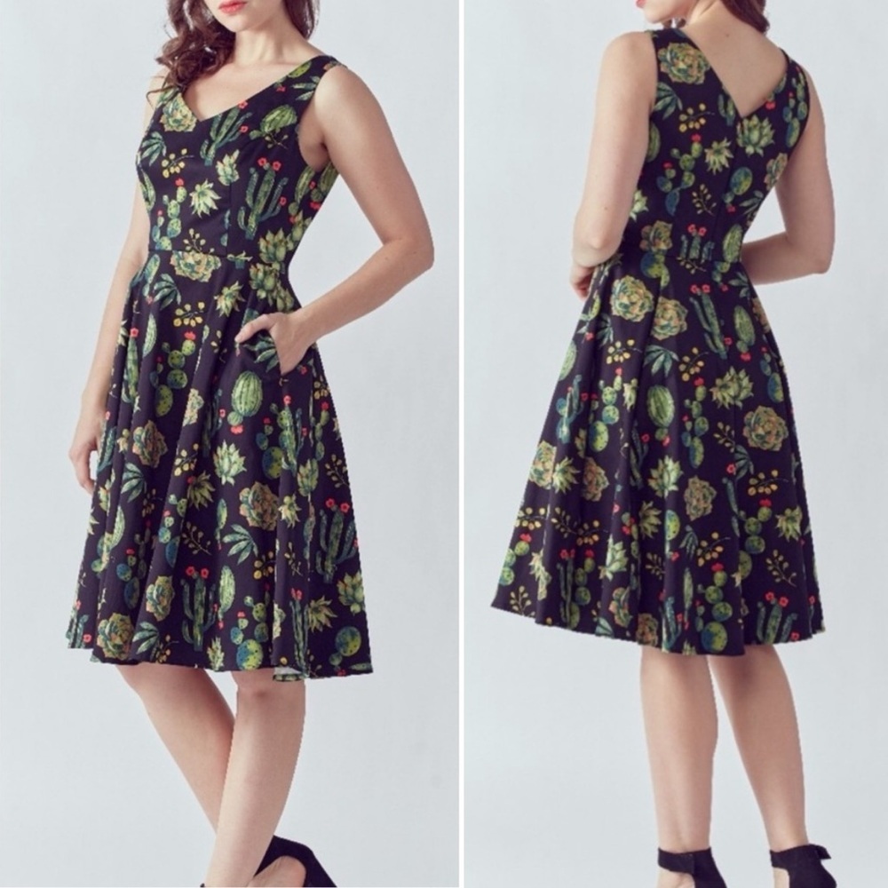 Eva Rose Black Cactus Succulent Print Swing Dress Retro Rockabilly 50s